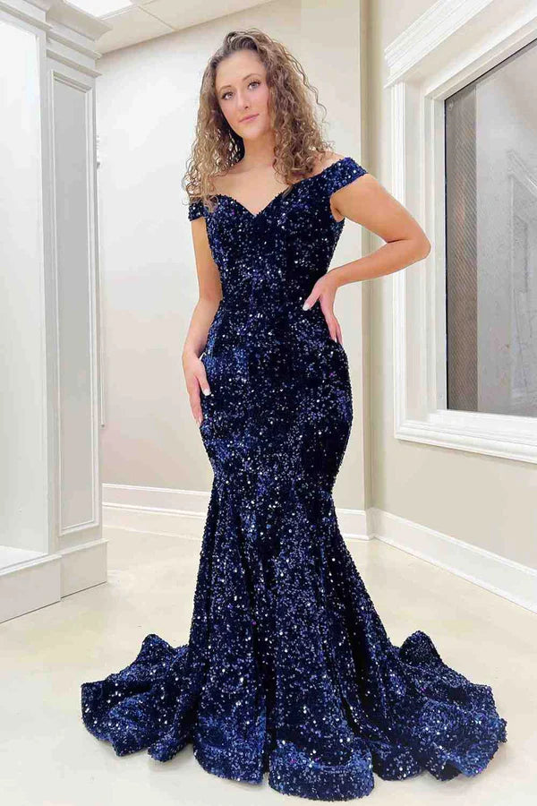 DingJiDress Mermaid Off the Shoulder Sleeveless Long Velvet Sequin Prom Dress