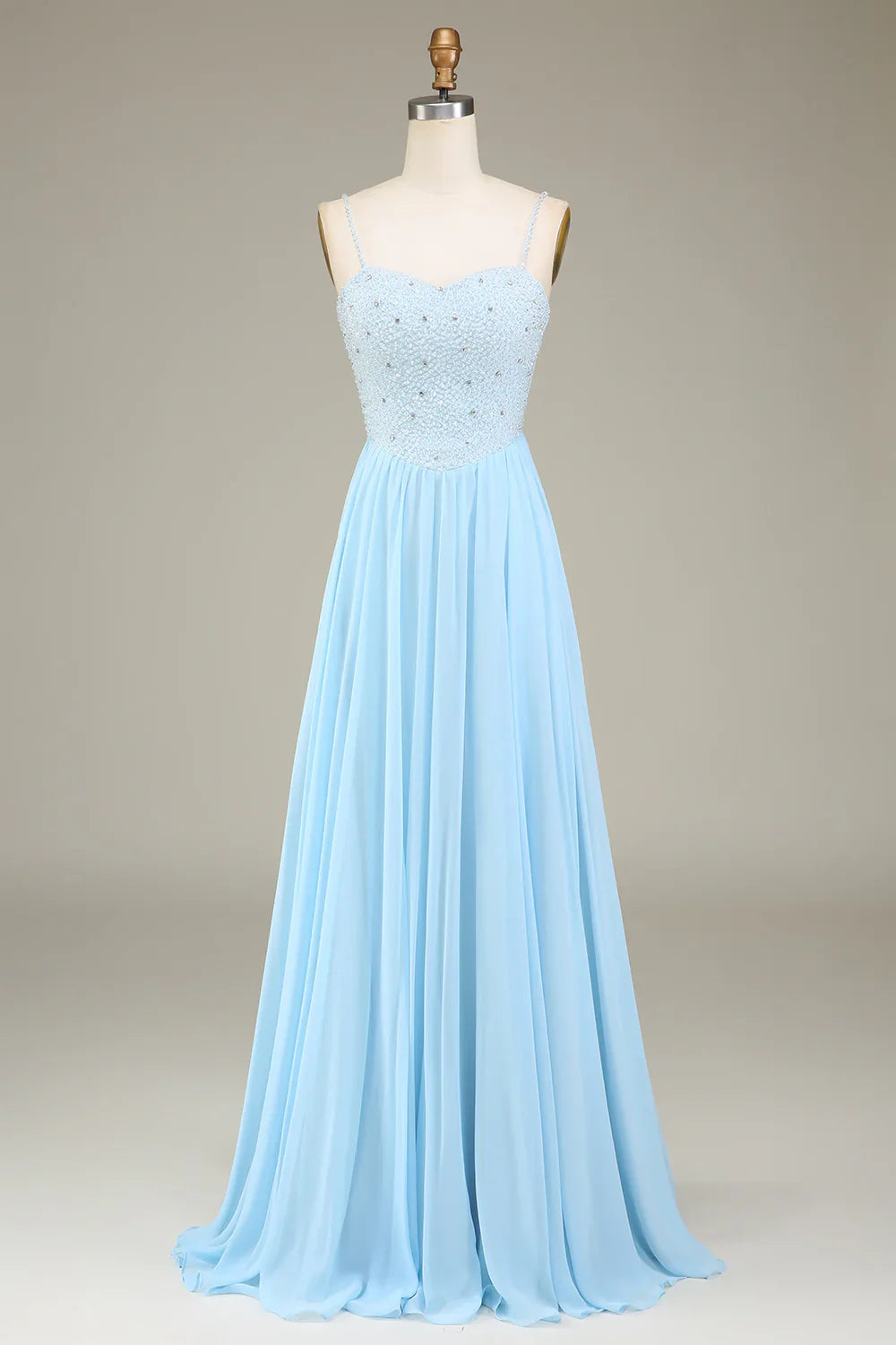 DingJiDress Elegant Prom Dresses Sky Blue A-Line Chiffon Long Bridesmaid Dress With Beading