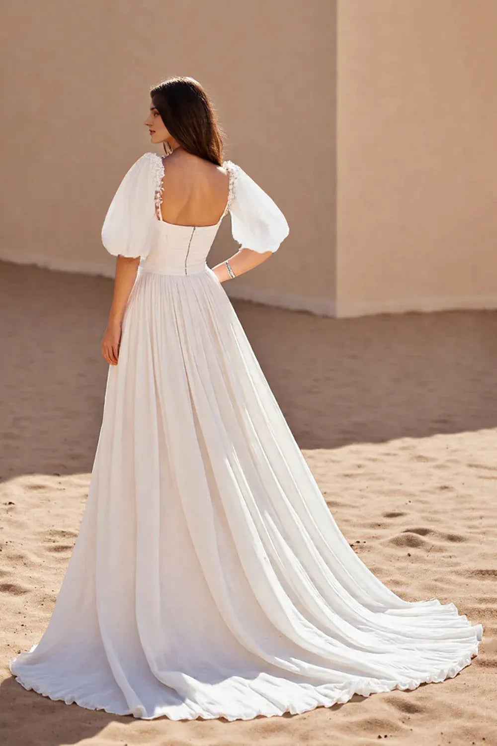 A Line Chiffon Sweep Train Wedding Dress with Puff Sleeves