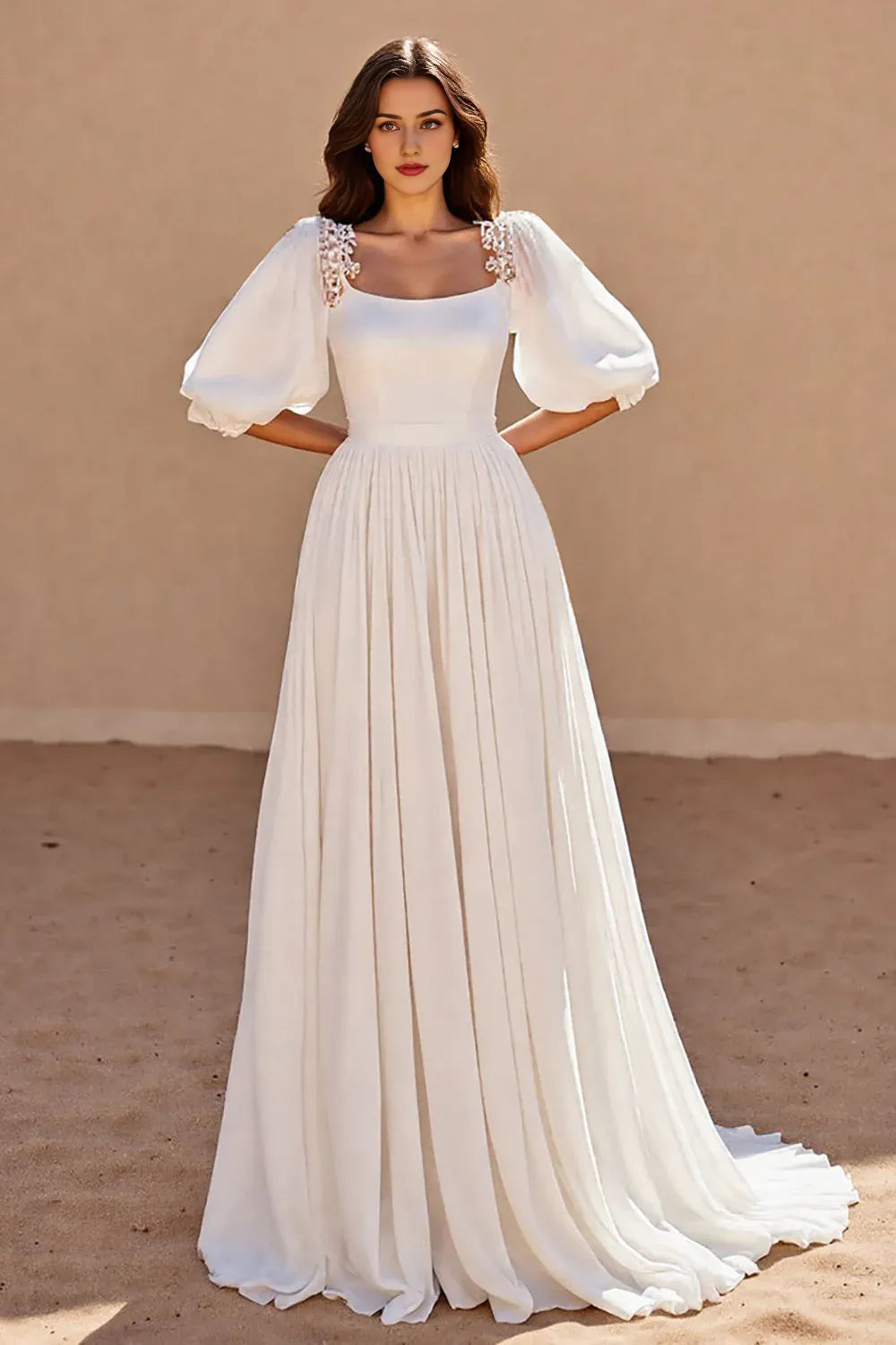 A Line Chiffon Sweep Train Wedding Dress with Puff Sleeves