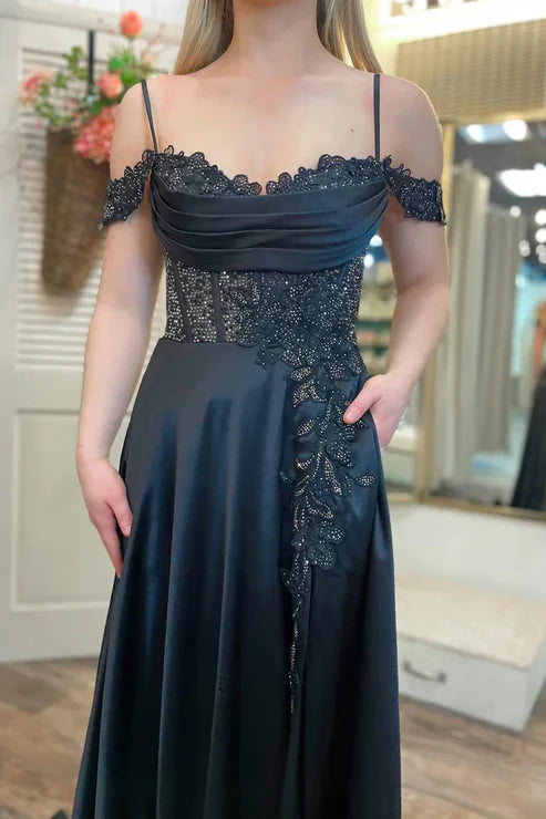 DingJiDress A Line Cold-Shoulder Evening Dress Beaded Black Prom Dresses