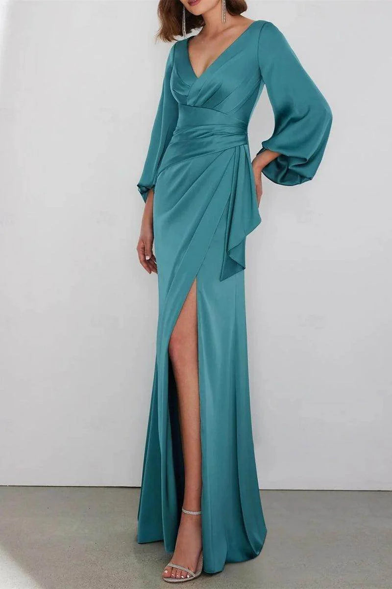 A Line Floor Length Long Sleeve V Neck Mother Dresses