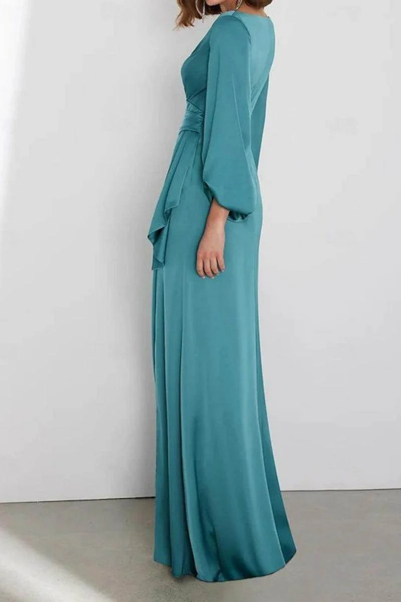 A Line Floor Length Long Sleeve V Neck Mother Dresses
