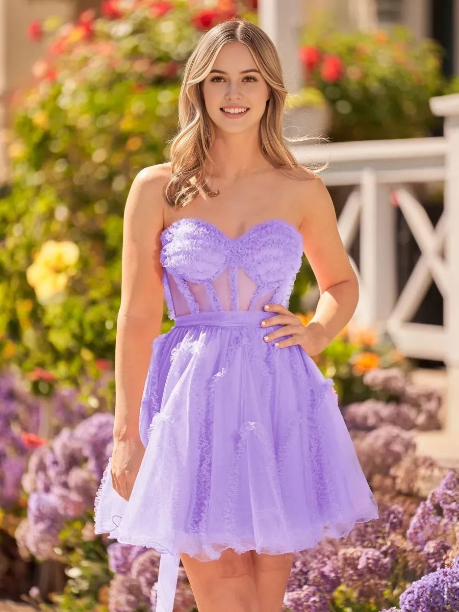 A Line Fuchsia Tulle Strapless Homecoming Dress