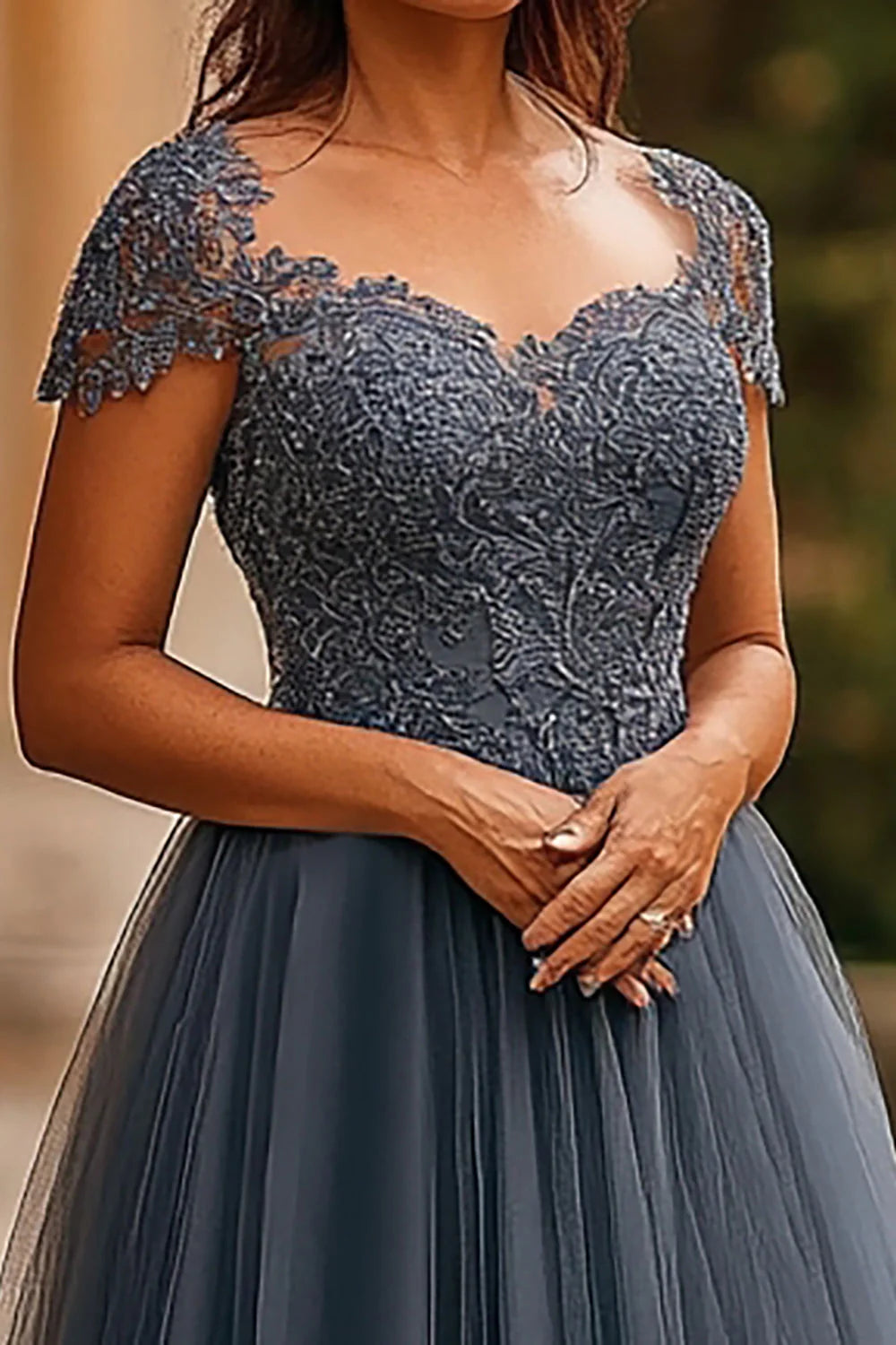 A Line Grey Blue Tulle Long Mother of the Bride Dress with Appliques
