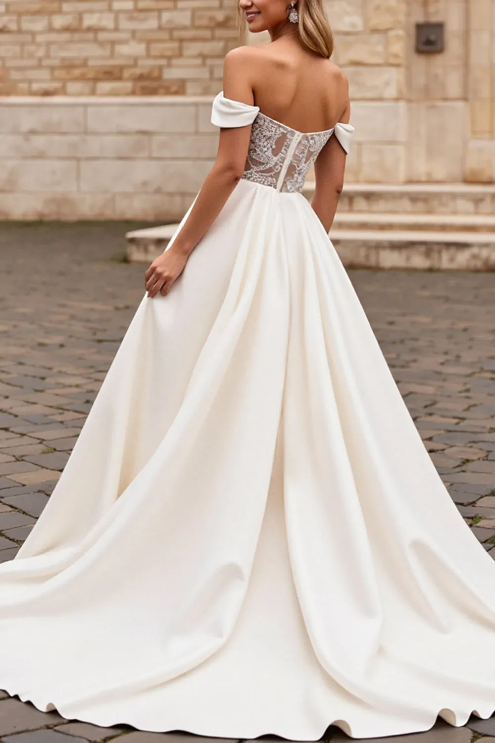 A Line Ivory Satin Off the Shoulder Long Wedding Dress ﻿