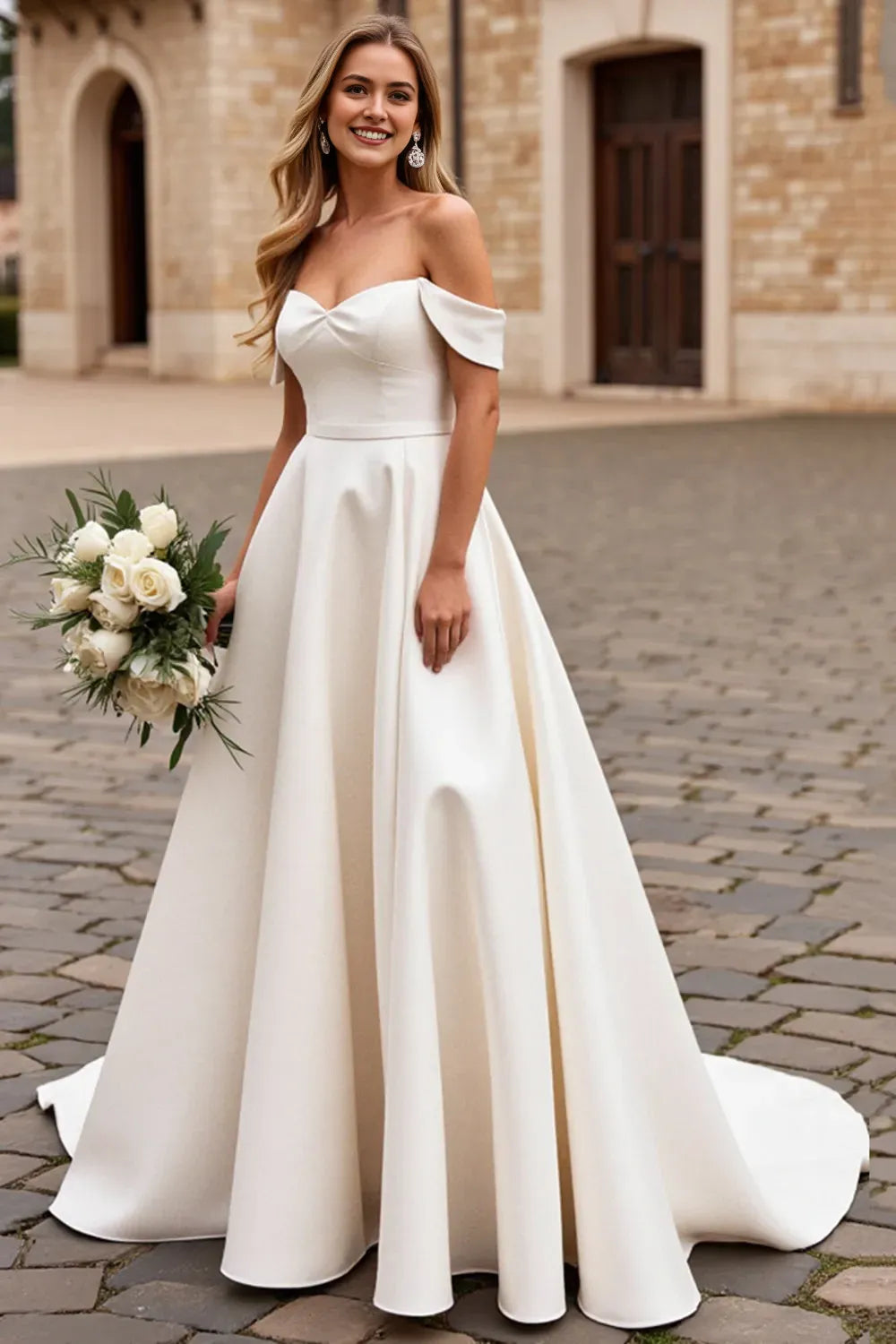 A Line Ivory Satin Off the Shoulder Long Wedding Dress ﻿