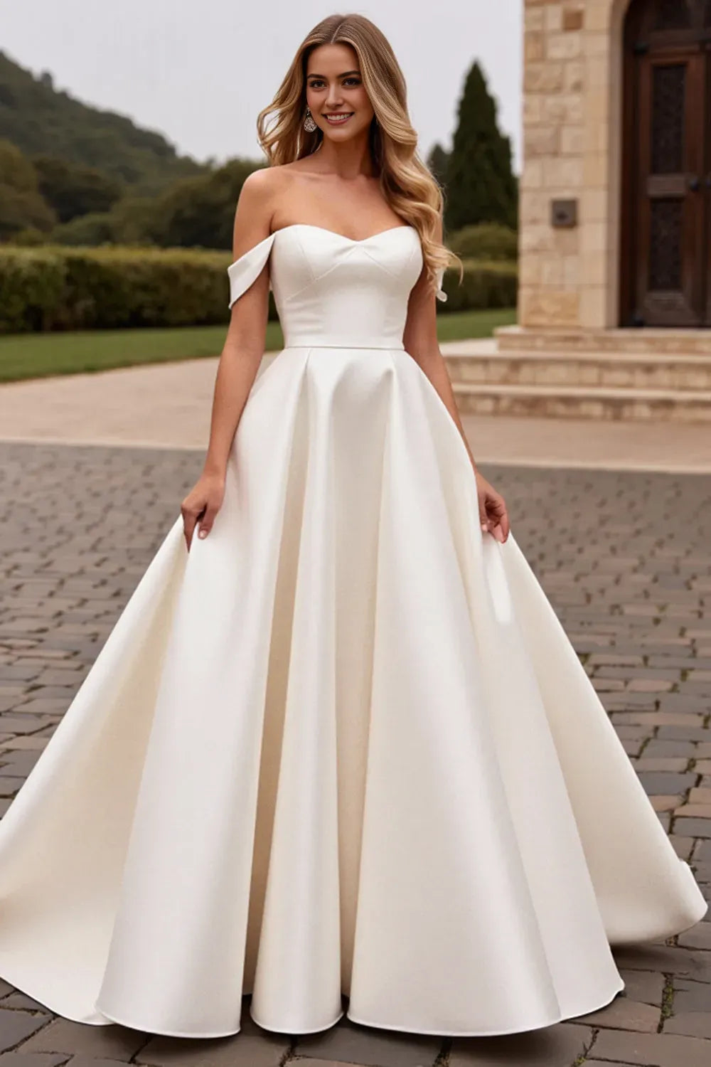 A Line Ivory Satin Off the Shoulder Long Wedding Dress ﻿