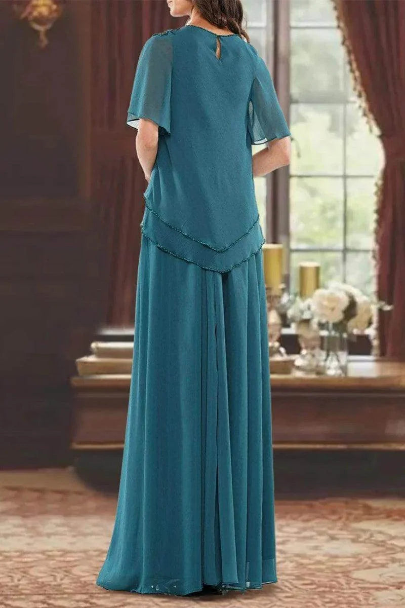 A Line Jewel Neck Short Sleeves Floor Length Mother Dress