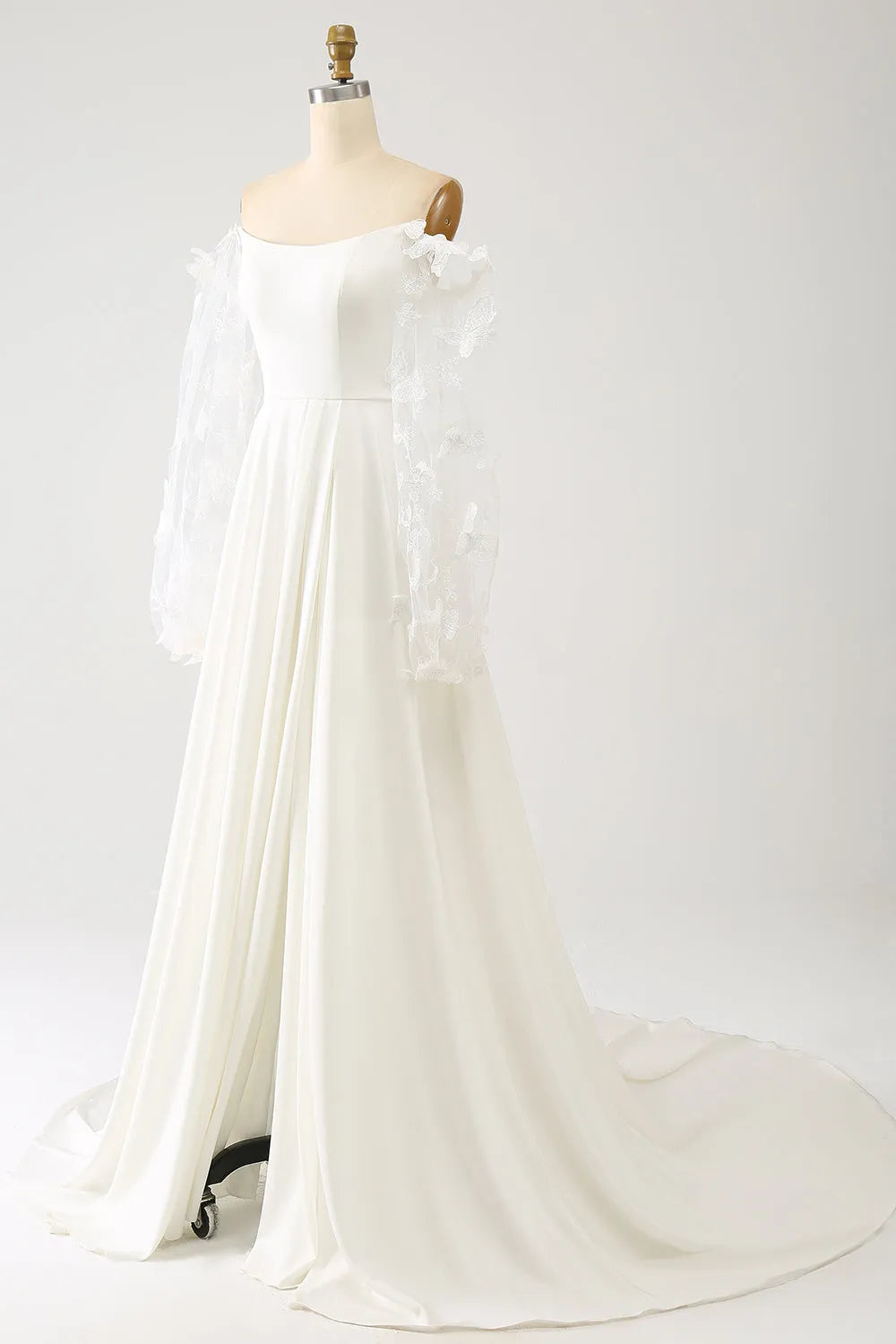 A Line Long Chiffon Wedding Dress With Butterflies Long Sleeves