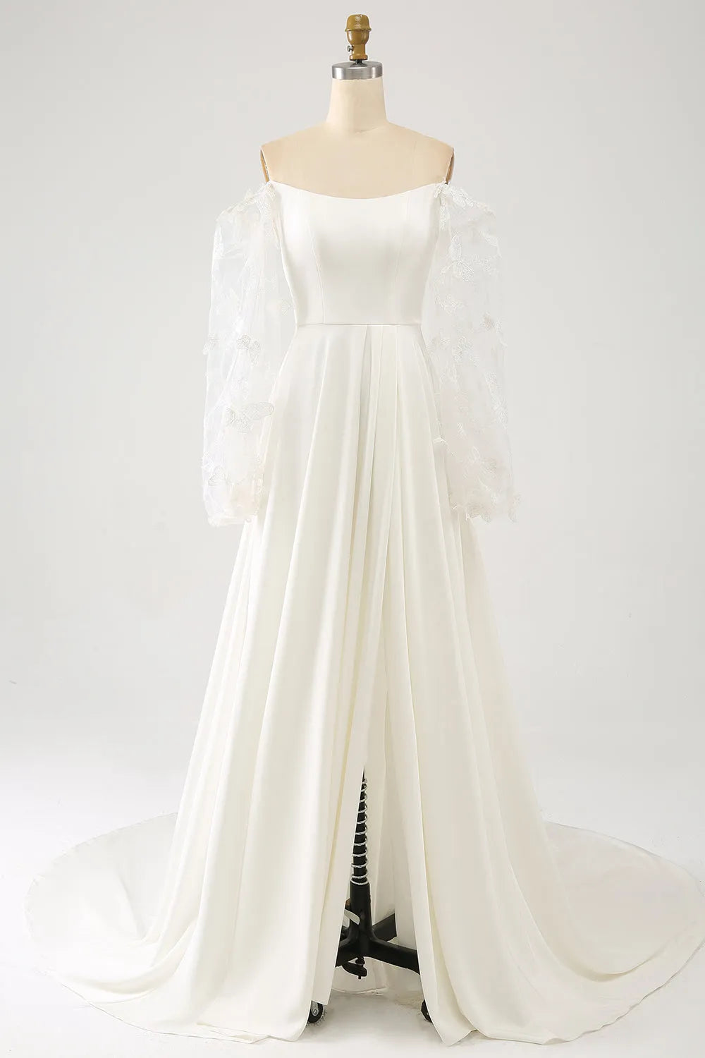 A Line Long Chiffon Wedding Dress With Butterflies Long Sleeves