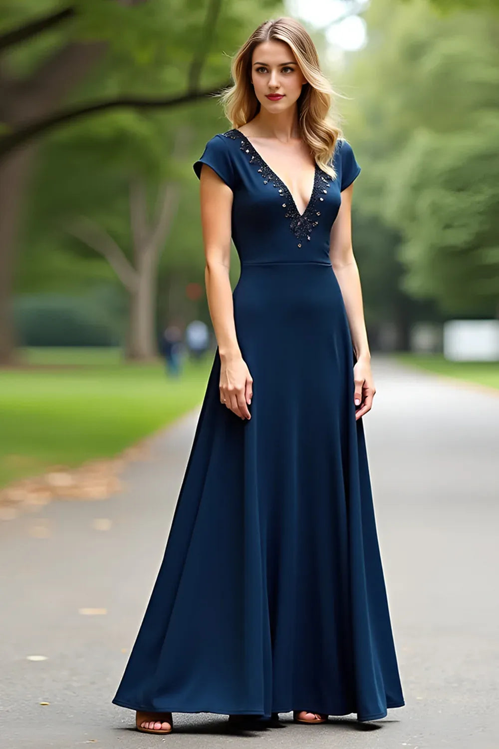 A Line Navy V-Neck Long Mother Of Bride Dress with Cap Sleeves ﻿