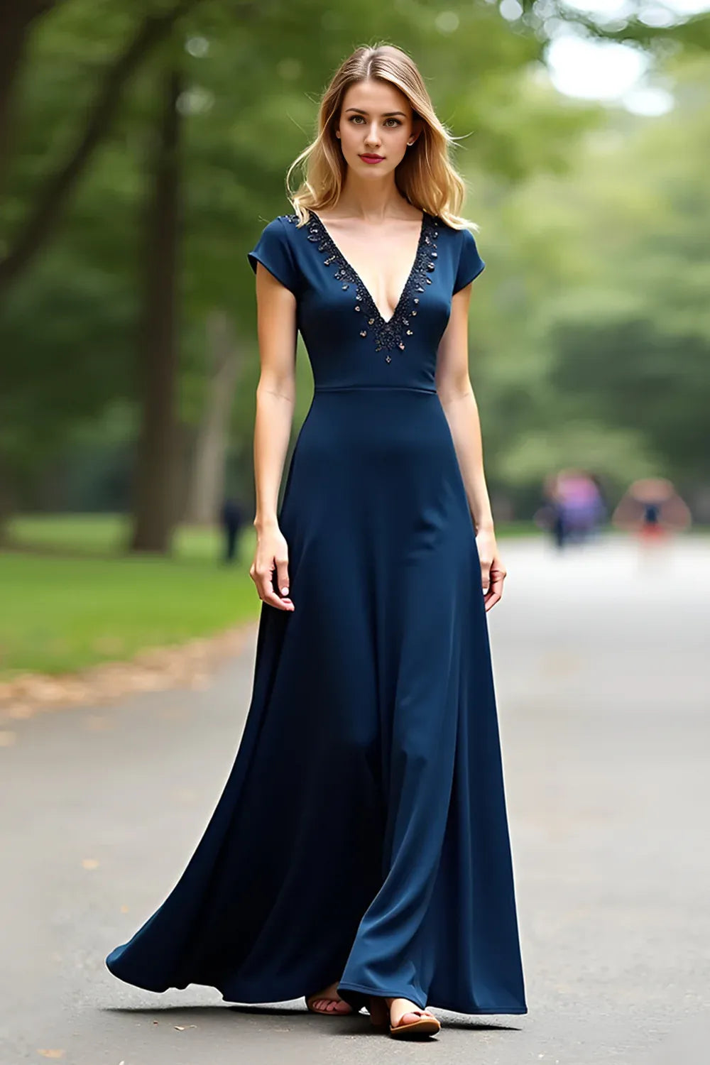 A Line Navy V-Neck Long Mother Of Bride Dress with Cap Sleeves ﻿