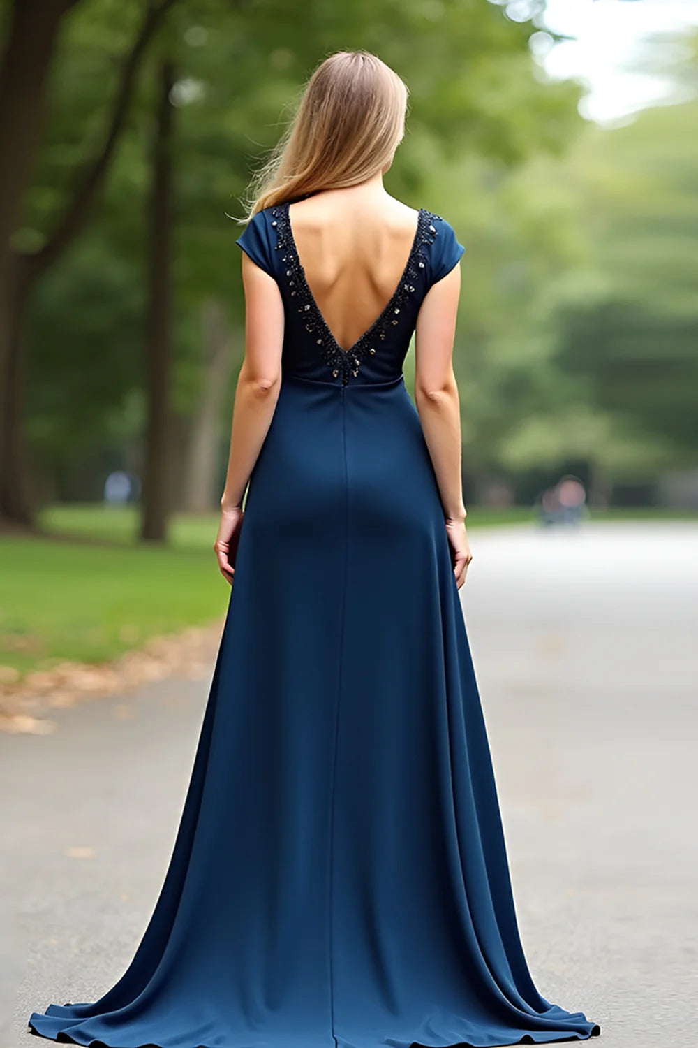 A Line Navy V-Neck Long Mother Of Bride Dress with Cap Sleeves ﻿