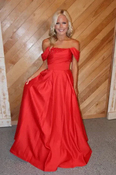 A Line Off-Shoulder Beaded Sequins Pleated Satin Red Long Prom Dress