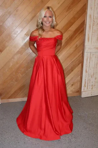 A Line Off-Shoulder Beaded Sequins Pleated Satin Red Long Prom Dress