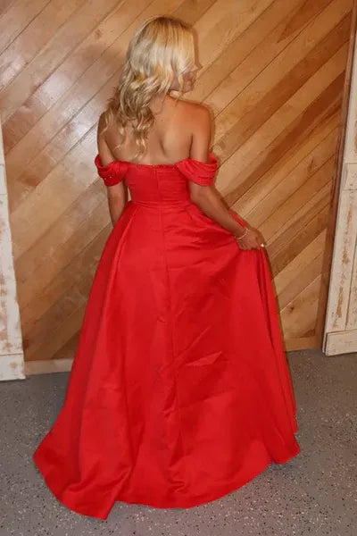A Line Off-Shoulder Beaded Sequins Pleated Satin Red Long Prom Dress