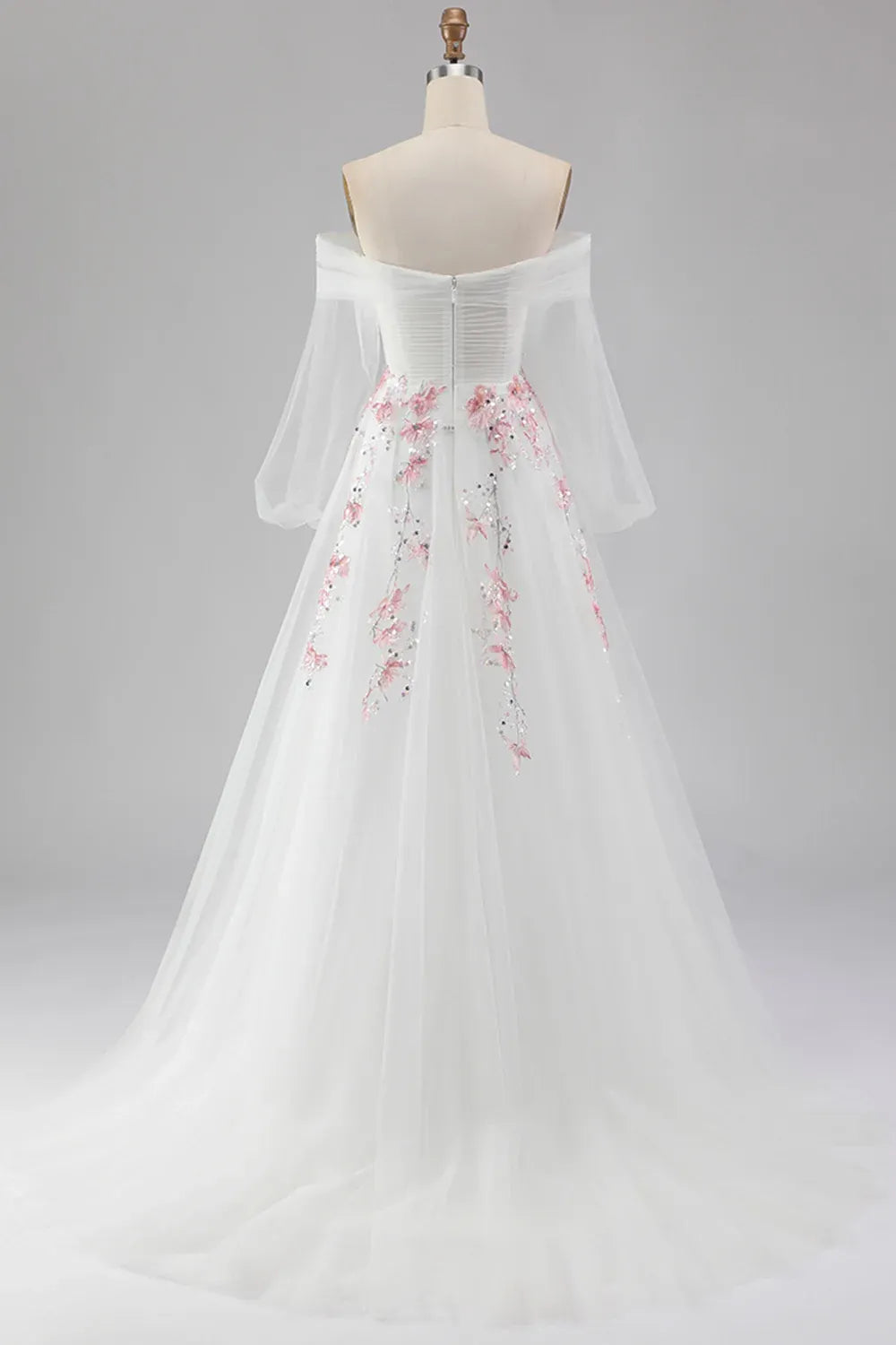 A Line Off Shoulder Floral Sequins Tulle White Maxi Prom Dress Hot Sale