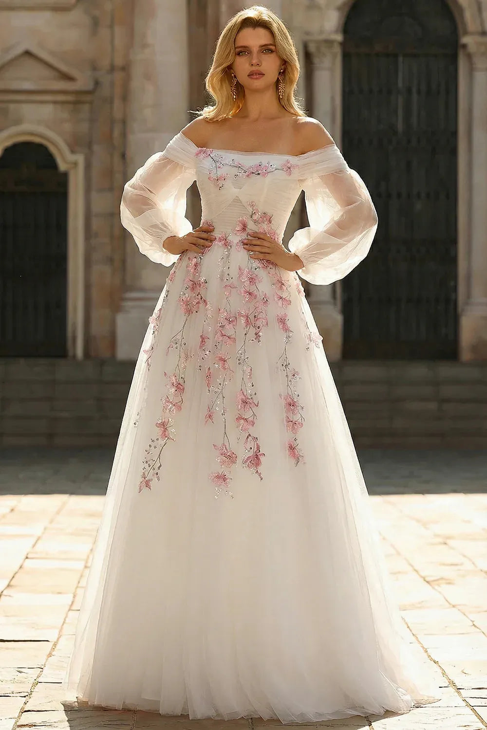 A Line Off Shoulder Floral Sequins Tulle White Maxi Prom Dress Hot Sale