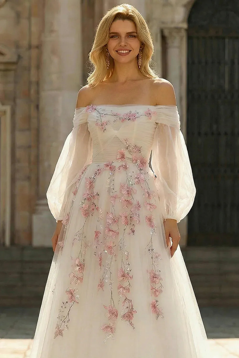 A Line Off Shoulder Floral Sequins Tulle White Maxi Prom Dress Hot Sale