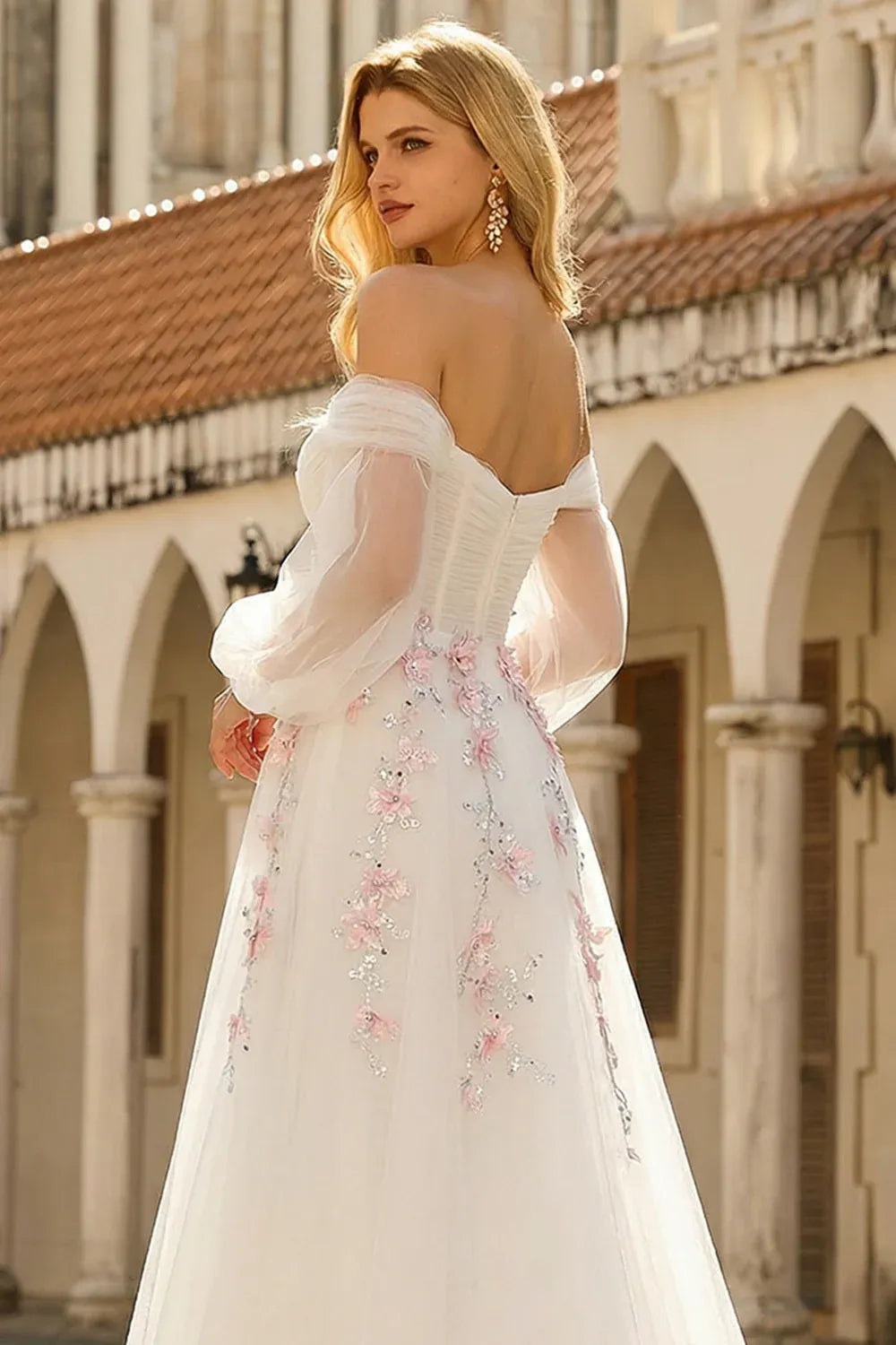 A Line Off Shoulder Floral Sequins Tulle White Maxi Prom Dress Hot Sale