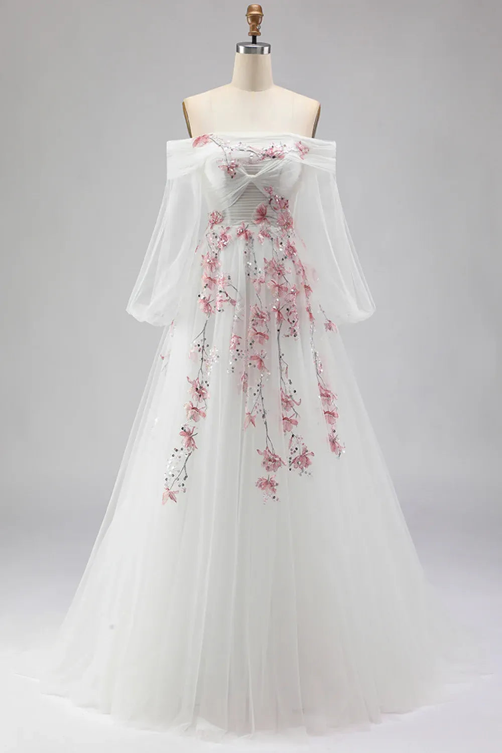 A Line Off Shoulder Floral Sequins Tulle White Maxi Prom Dress Hot Sale