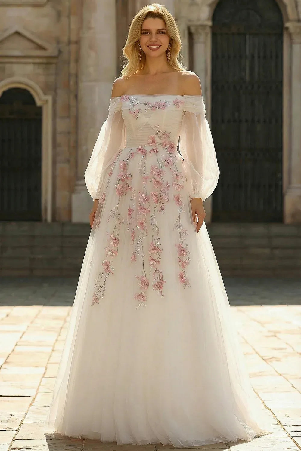 A Line Off Shoulder Floral Sequins Tulle White Maxi Prom Dress Hot Sale