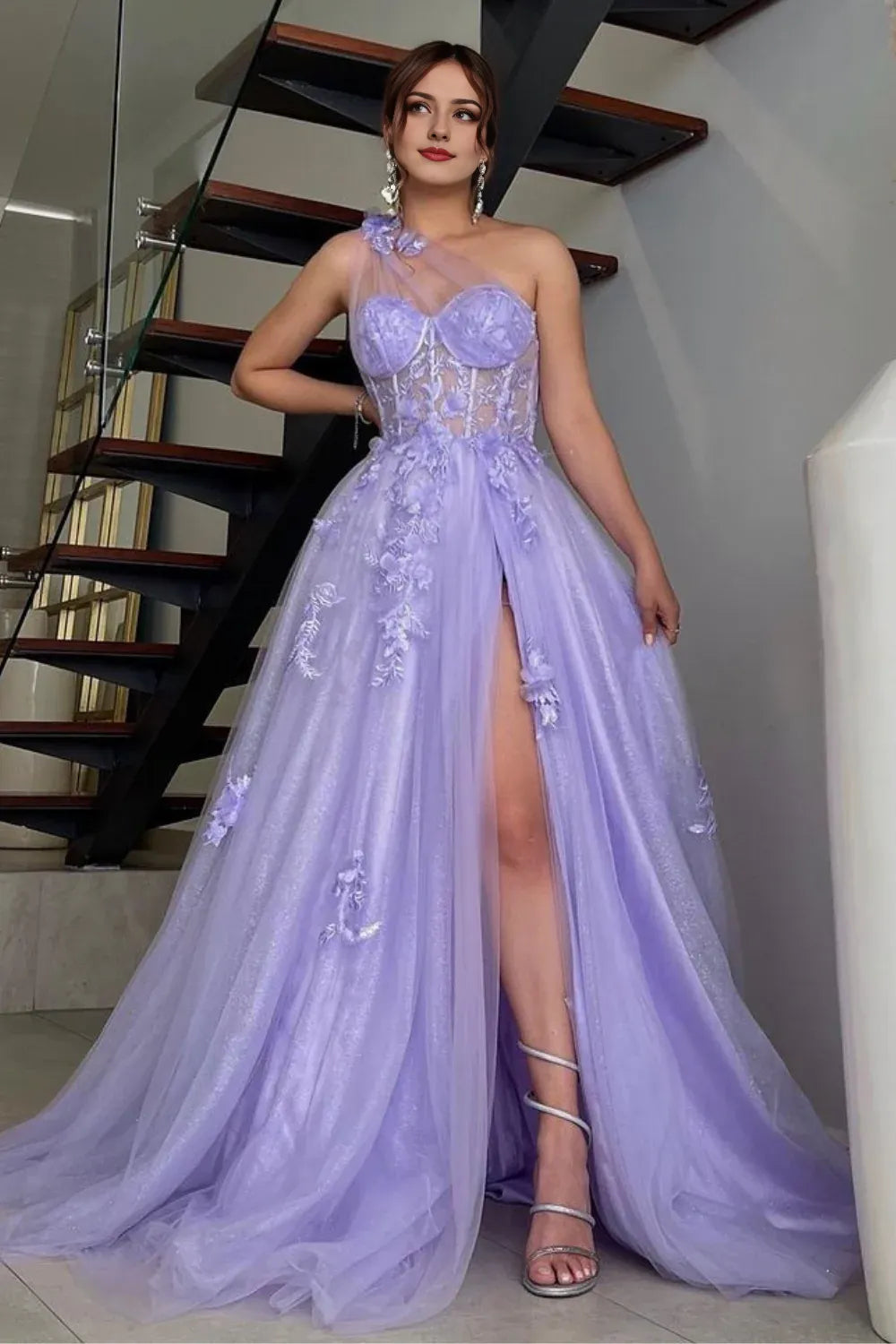 A Line One Shoulder Black Long Prom Dress with Appliques