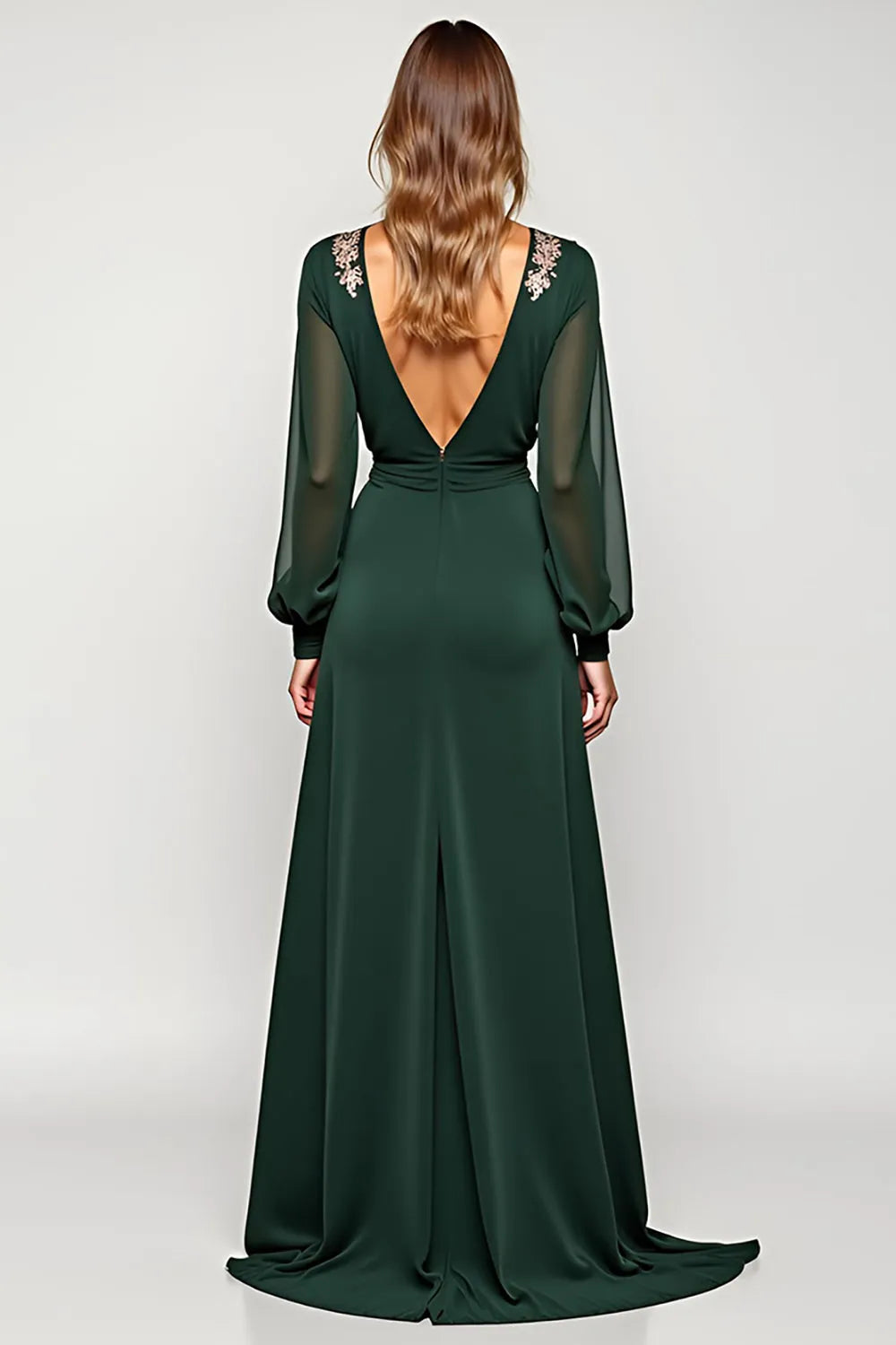 A Line Pine Deep V-Neck Long Mother of the Bride Dress with Slit