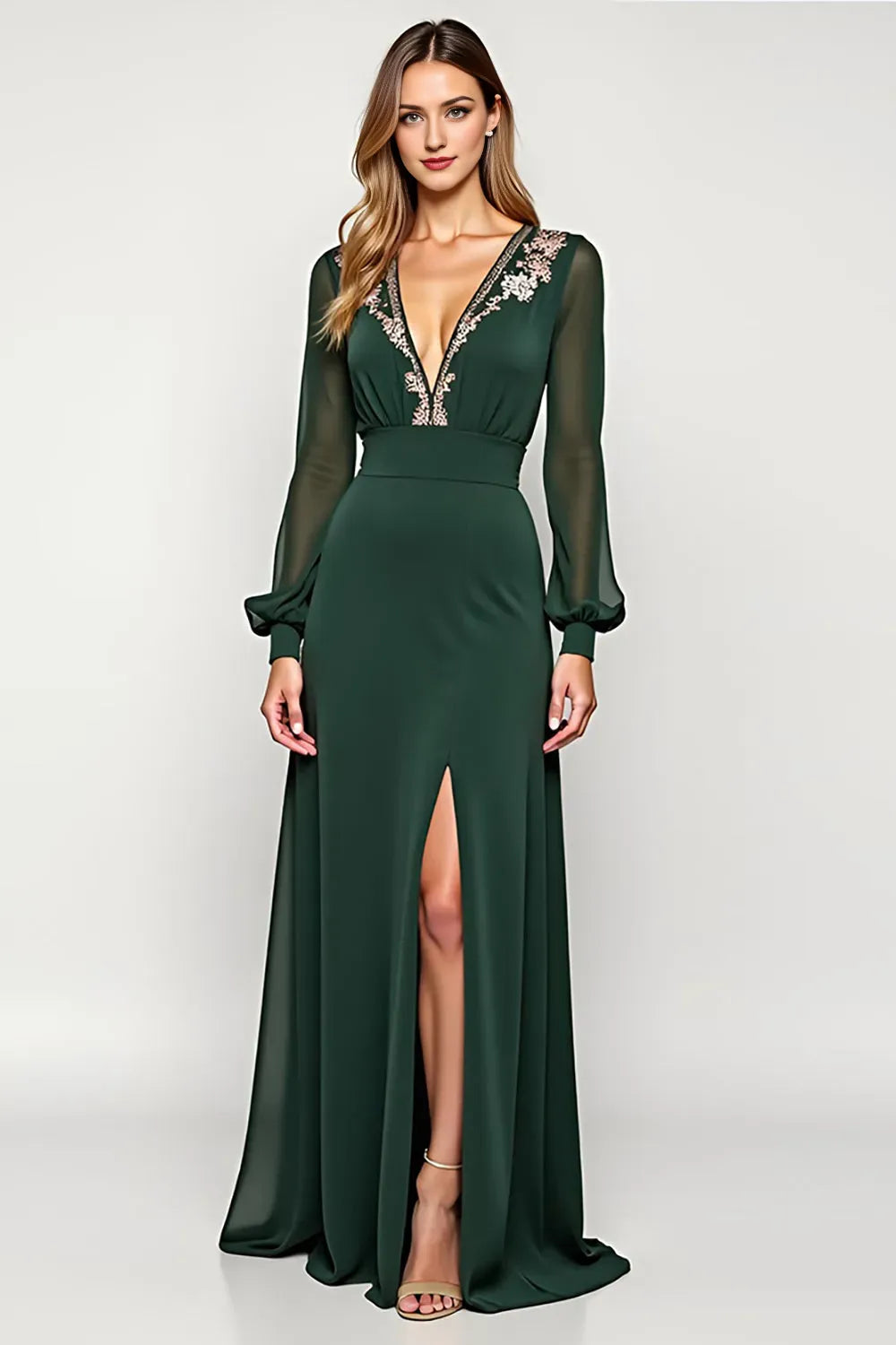 A Line Pine Deep V-Neck Long Mother of the Bride Dress with Slit