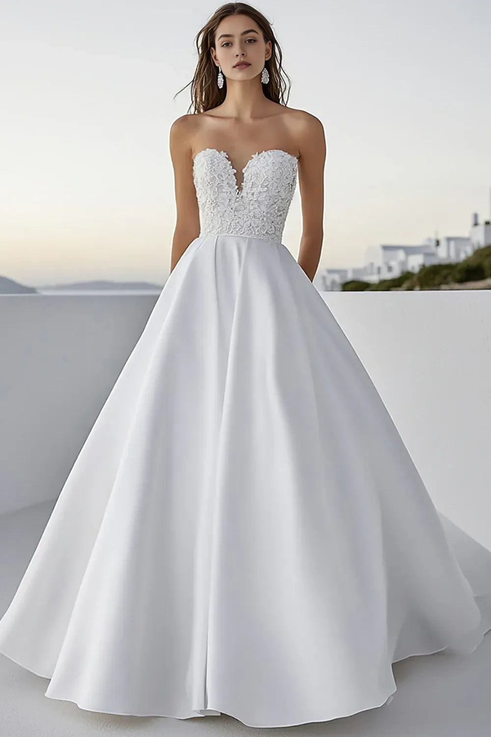 A Line Satin Strapless Long Lace Wedding Dress ﻿