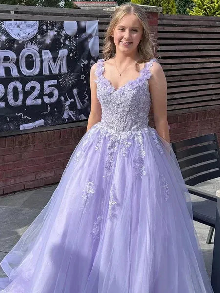 A Line Spaghetti Strap 3D Floral Lace Tulle Lavender Long Prom Dress