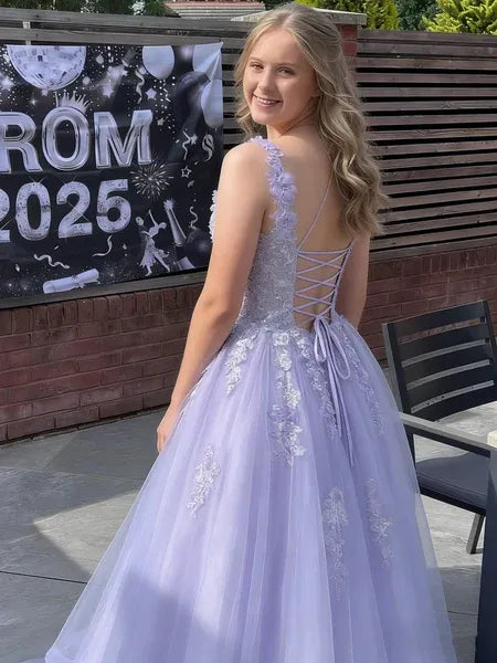 A Line Spaghetti Strap 3D Floral Lace Tulle Lavender Long Prom Dress