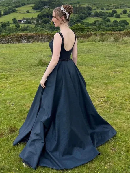 A Line Square Neck Beaded Glitter Navy Blue Long Prom Dress Hot Sale