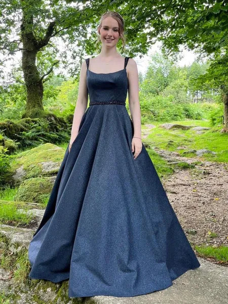 A Line Square Neck Beaded Glitter Navy Blue Long Prom Dress Hot Sale