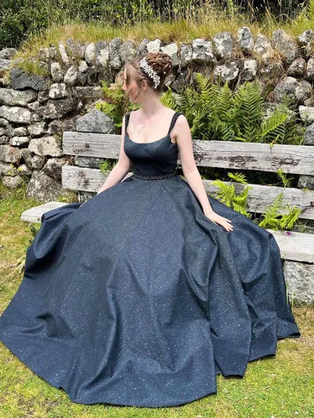 A Line Square Neck Beaded Glitter Navy Blue Long Prom Dress Hot Sale