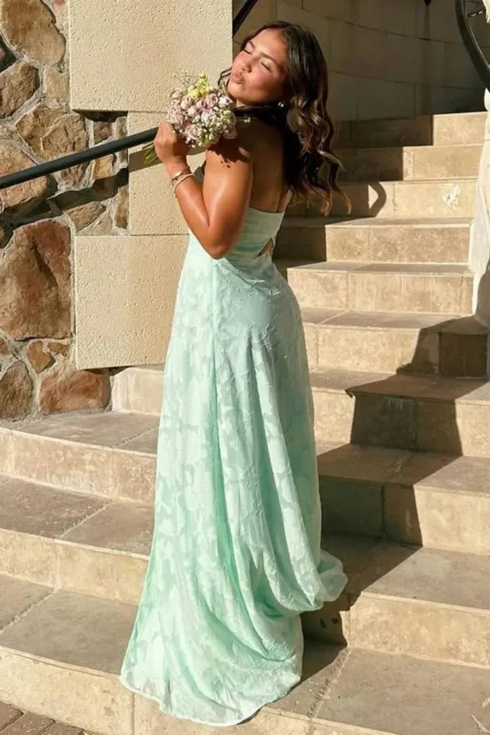 A Line Strapless Keyhole Back Mint Green Floor Length Prom Dress With Slit