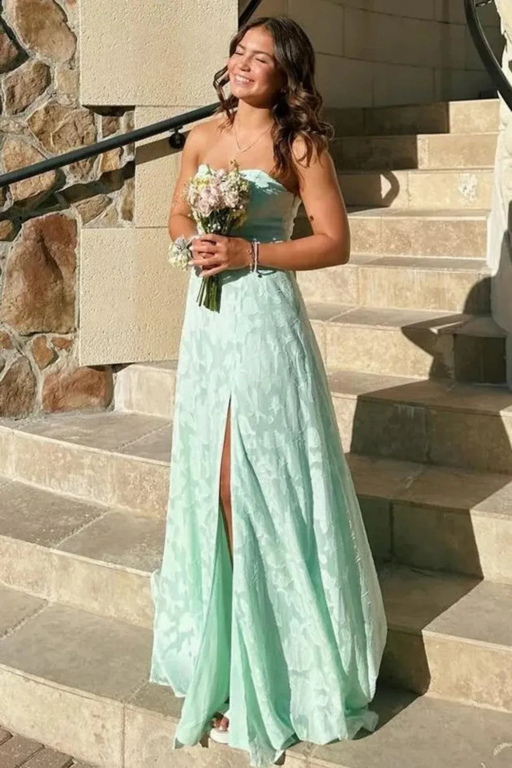 A Line Strapless Keyhole Back Mint Green Floor Length Prom Dress With Slit