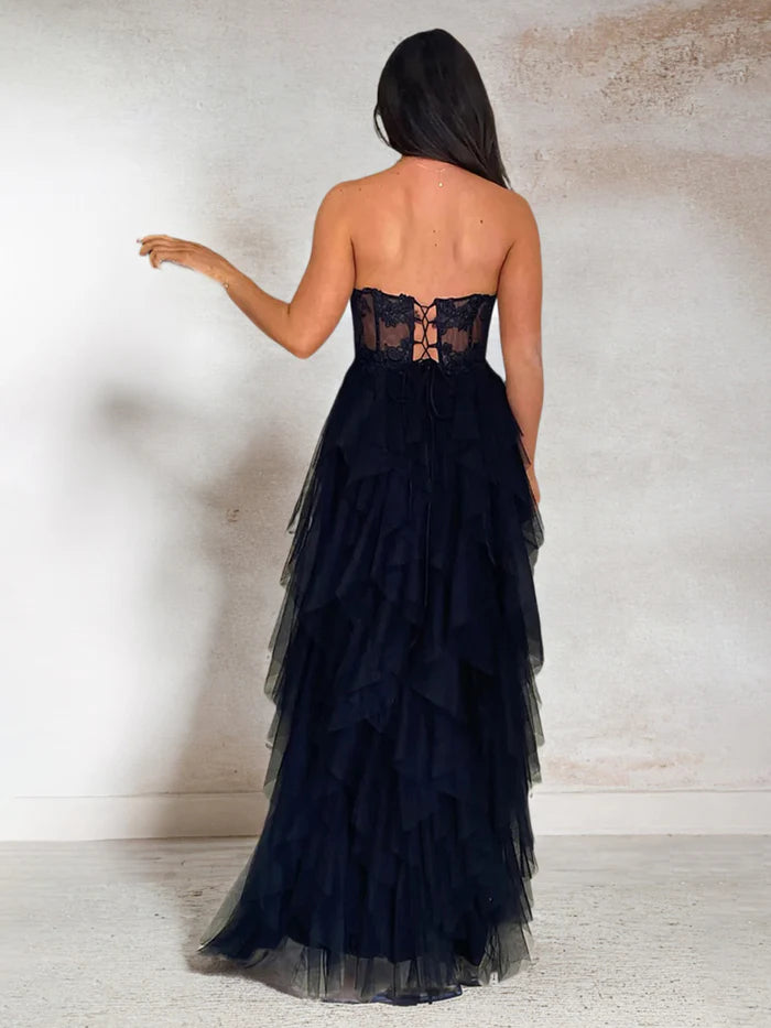 A Line Strapless Lace Top Tulle Puffy Prom Dress With Slit