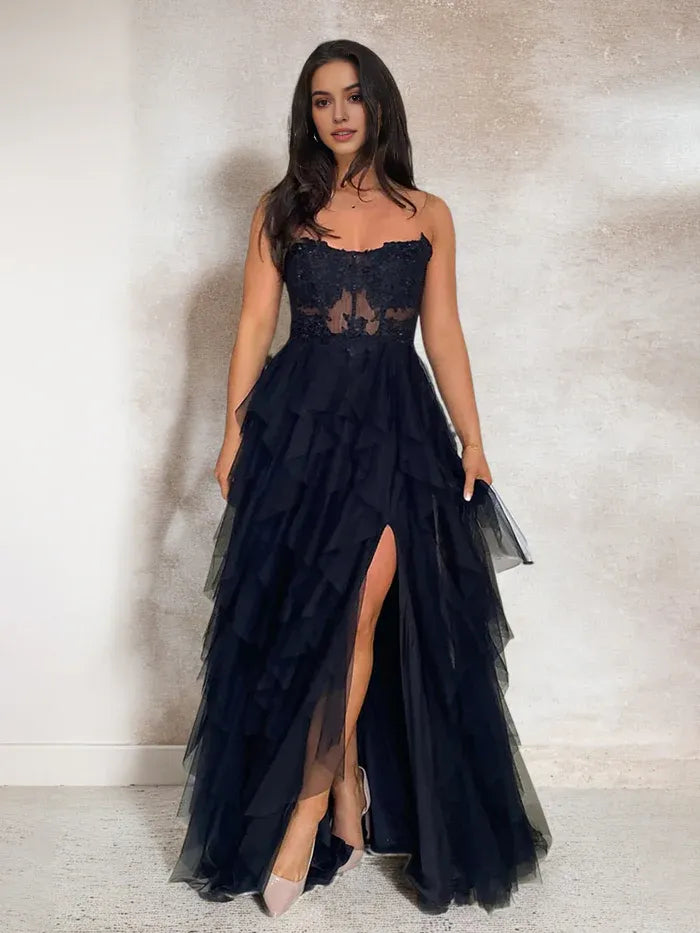 A Line Strapless Lace Top Tulle Puffy Prom Dress With Slit