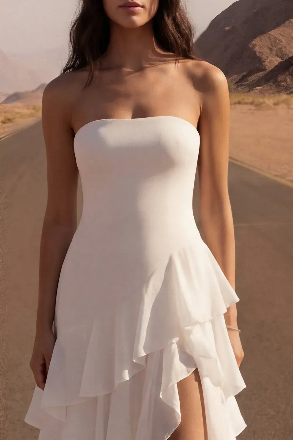 A Line Strapless Layered Ruffled Ivory Maxi Wedding Dress With Slit