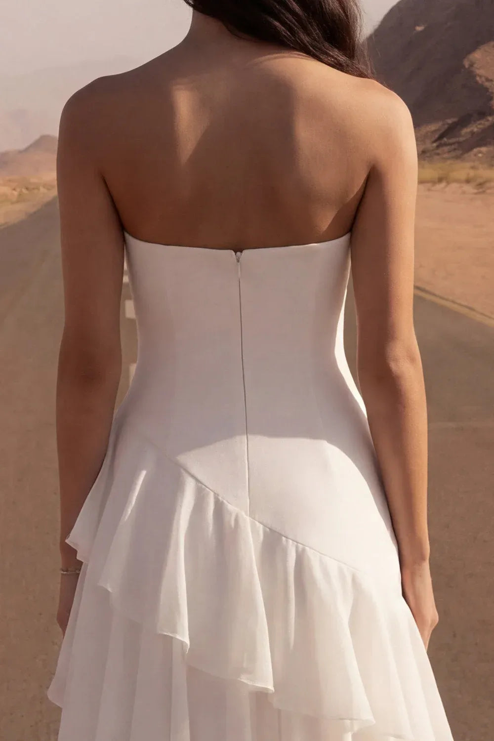 A Line Strapless Layered Ruffled Ivory Maxi Wedding Dress With Slit