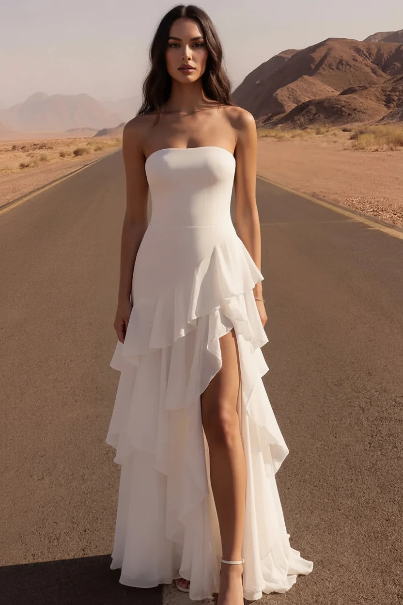 A Line Strapless Layered Ruffled Ivory Maxi Wedding Dress With Slit