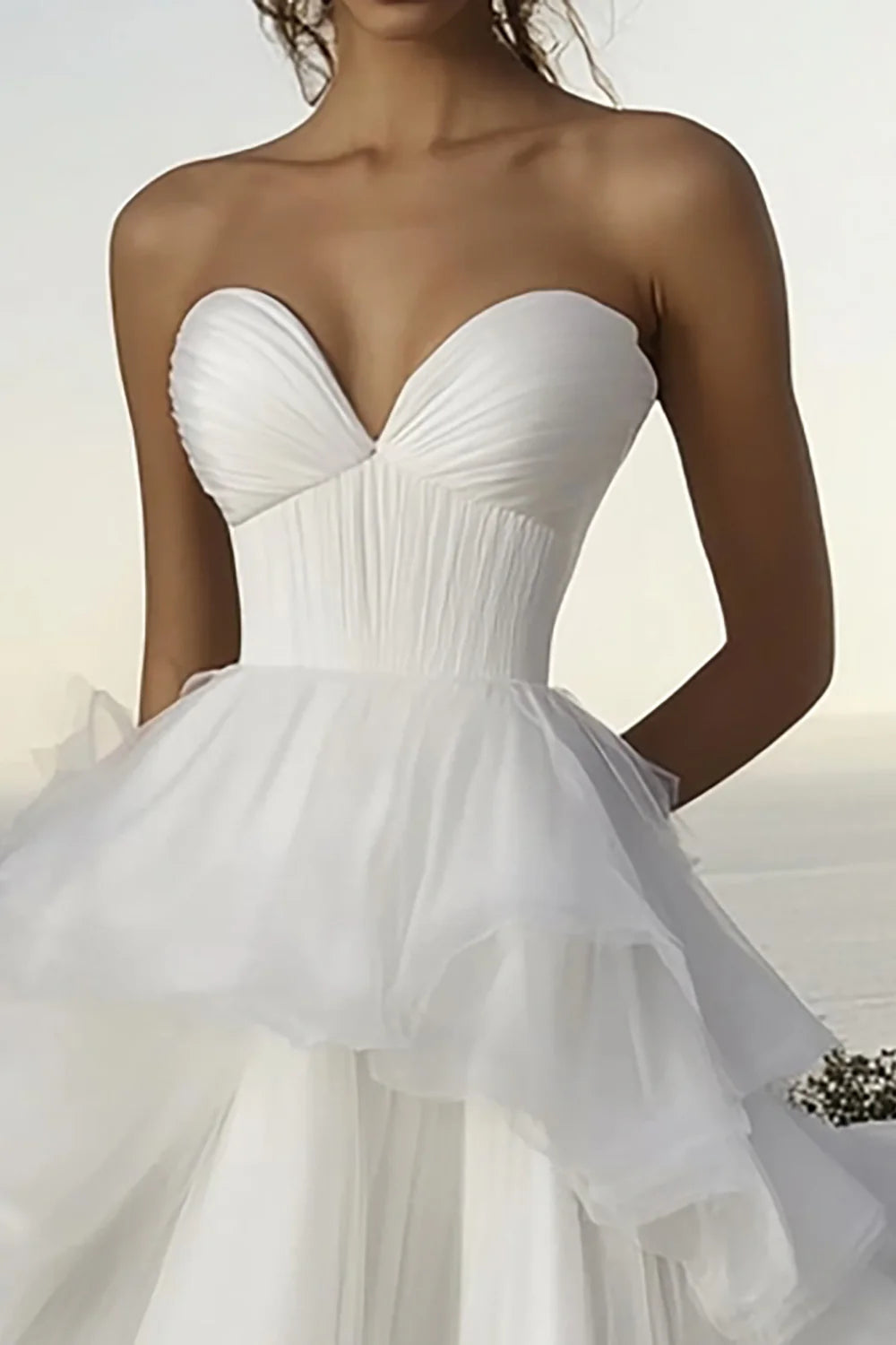 A Line Sweep Train Long Satin Wedding Dress with Puff Sleeves