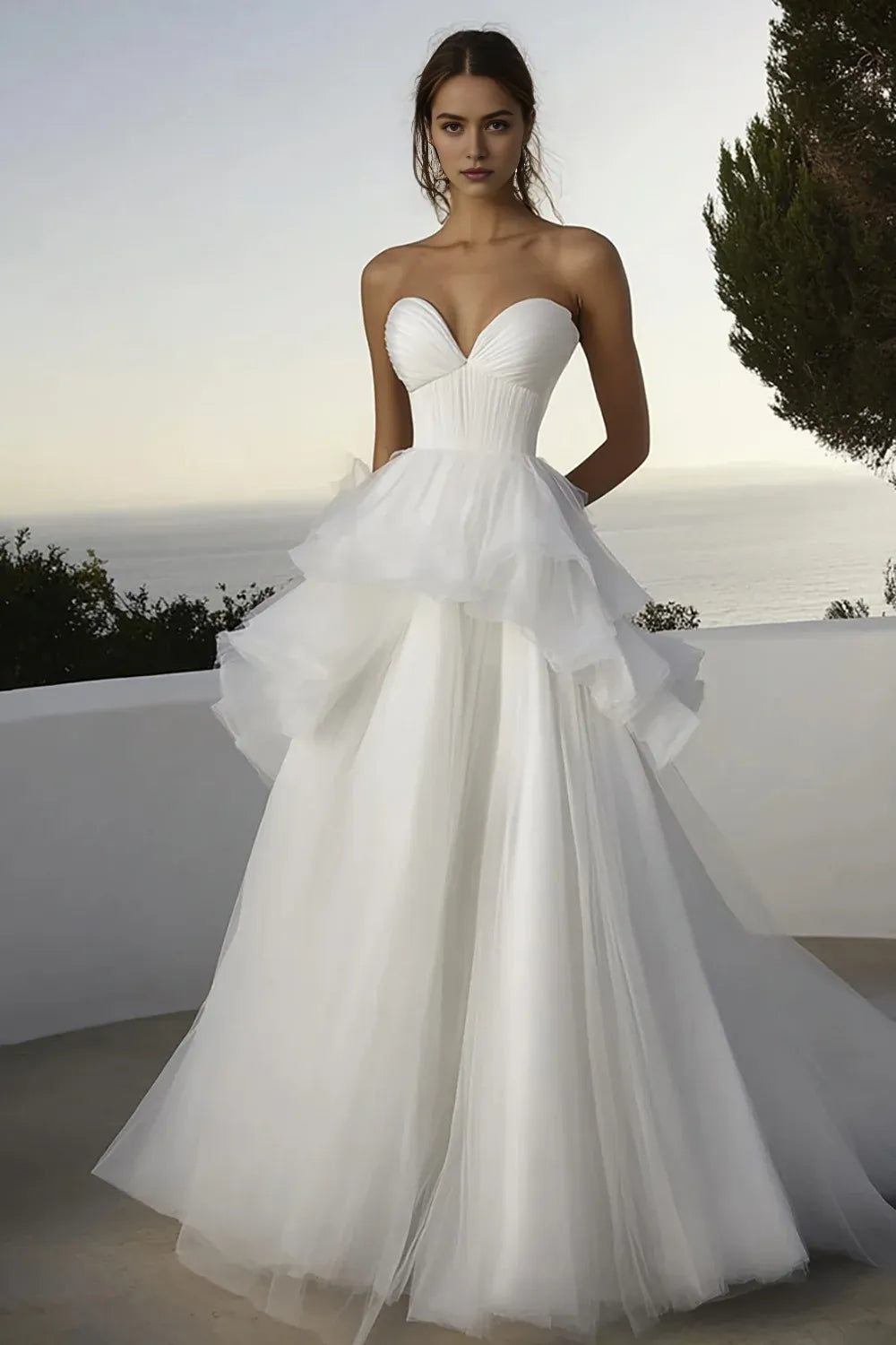A Line Sweep Train Long Satin Wedding Dress with Puff Sleeves