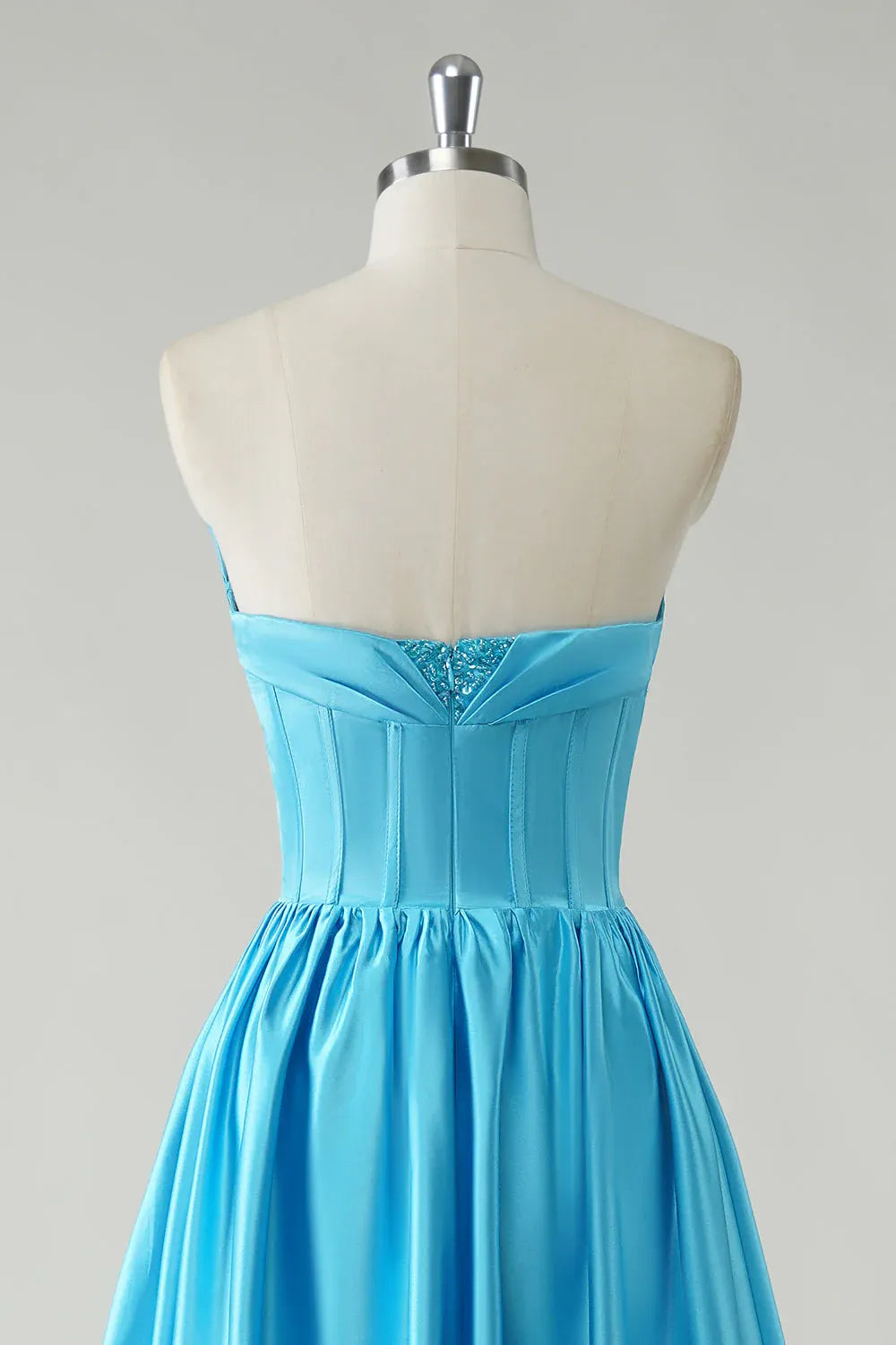 A Line Sweetheart Corset Sequin Beaded Blue Floor Length Prom Dress With Slit