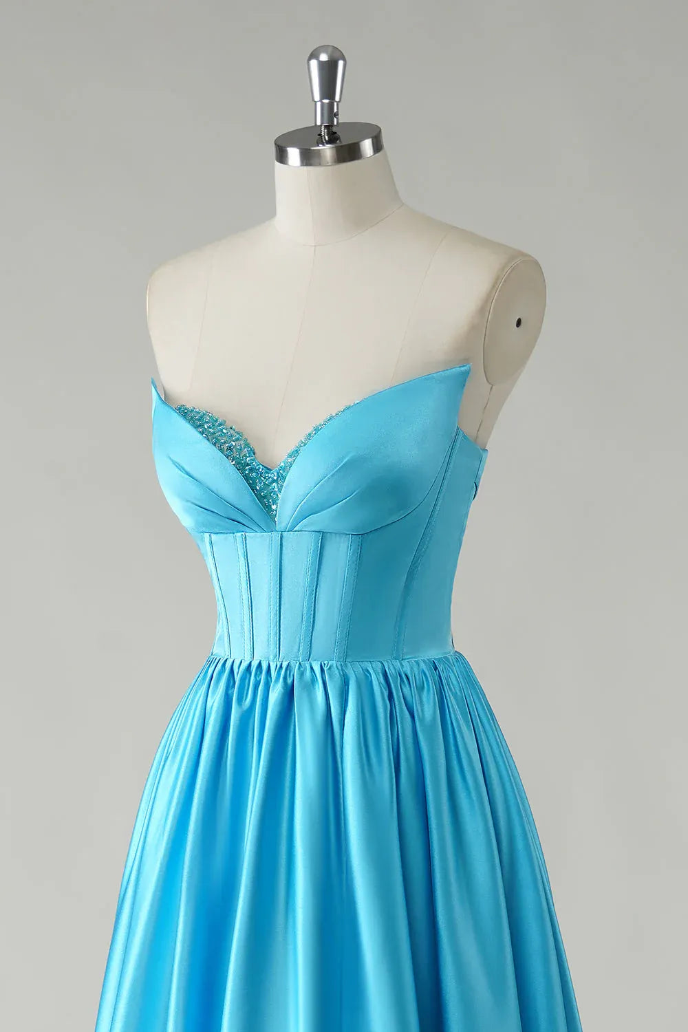 A Line Sweetheart Corset Sequin Beaded Blue Floor Length Prom Dress With Slit