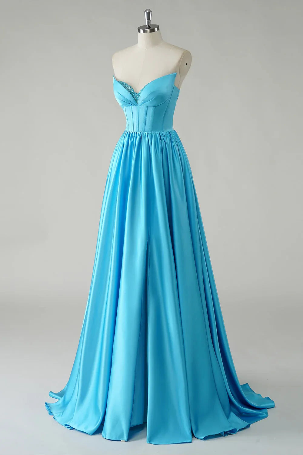 A Line Sweetheart Corset Sequin Beaded Blue Floor Length Prom Dress With Slit
