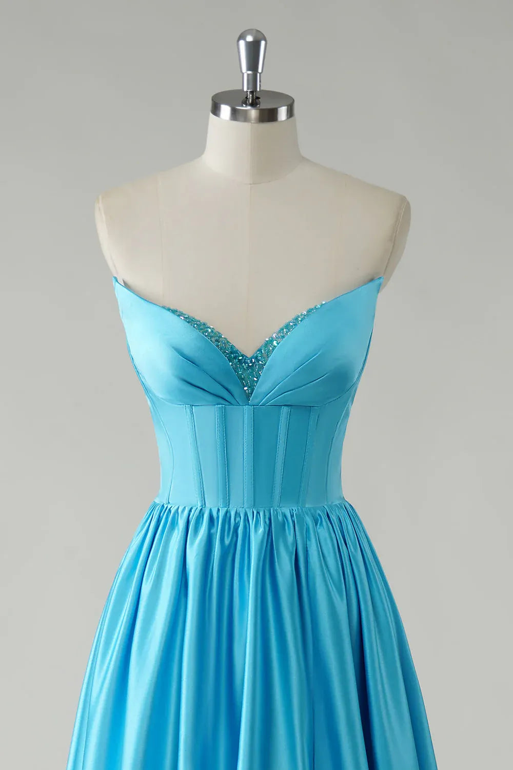 A Line Sweetheart Corset Sequin Beaded Blue Floor Length Prom Dress With Slit