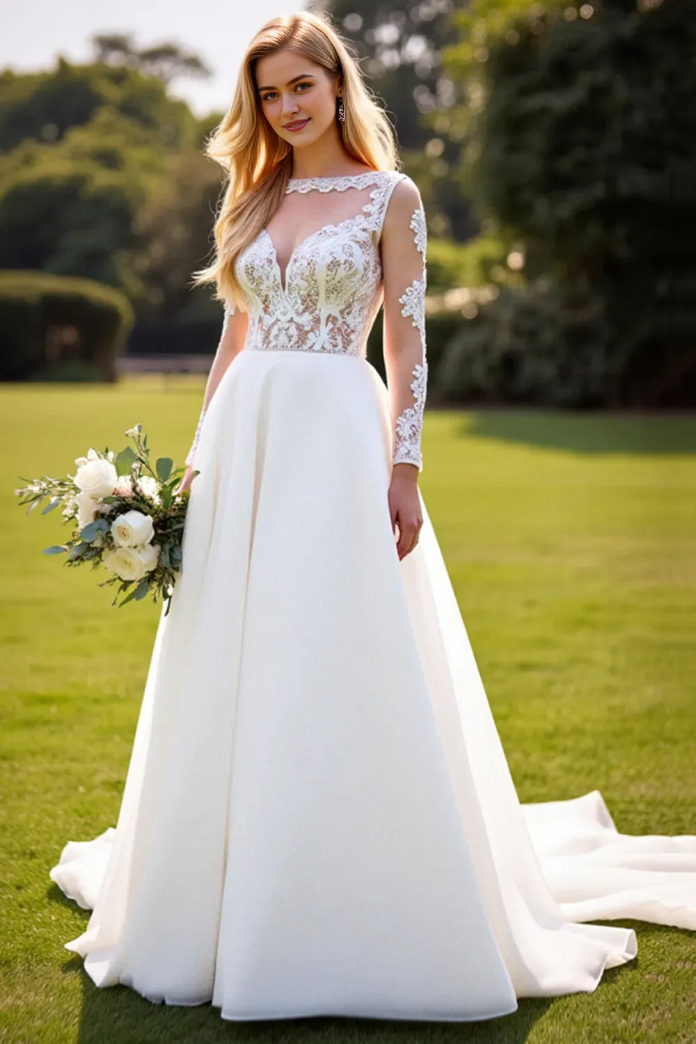 A Line Sweetheart Long Wedding Dress with Lace ﻿
